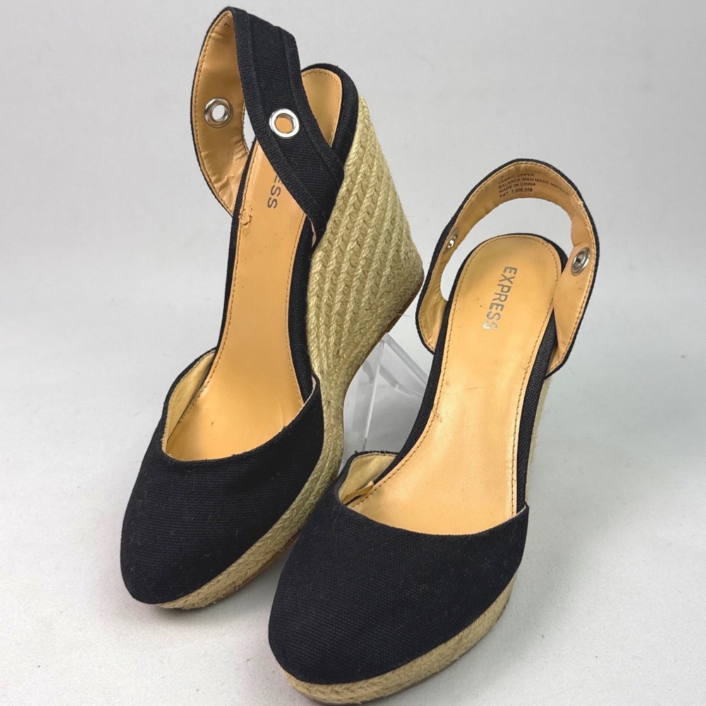 Express Womens Black Canvas Espadrille Wedge Slingback Sandals Size 7